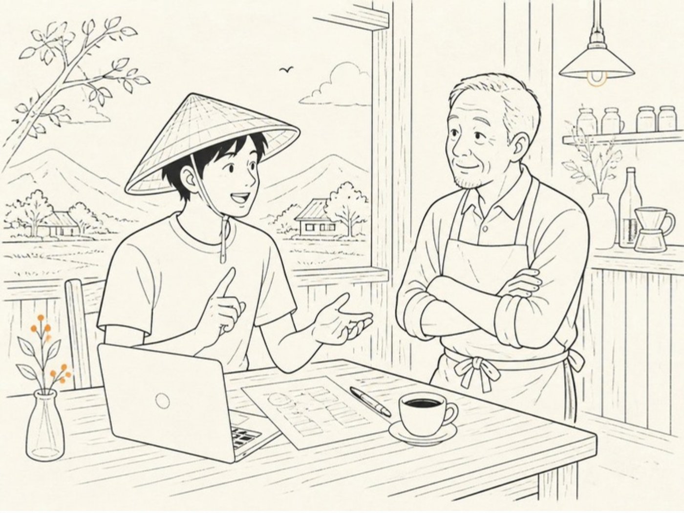 カフェのテーブルで、ノートパソコンを挟んで店主と話す（イラスト）