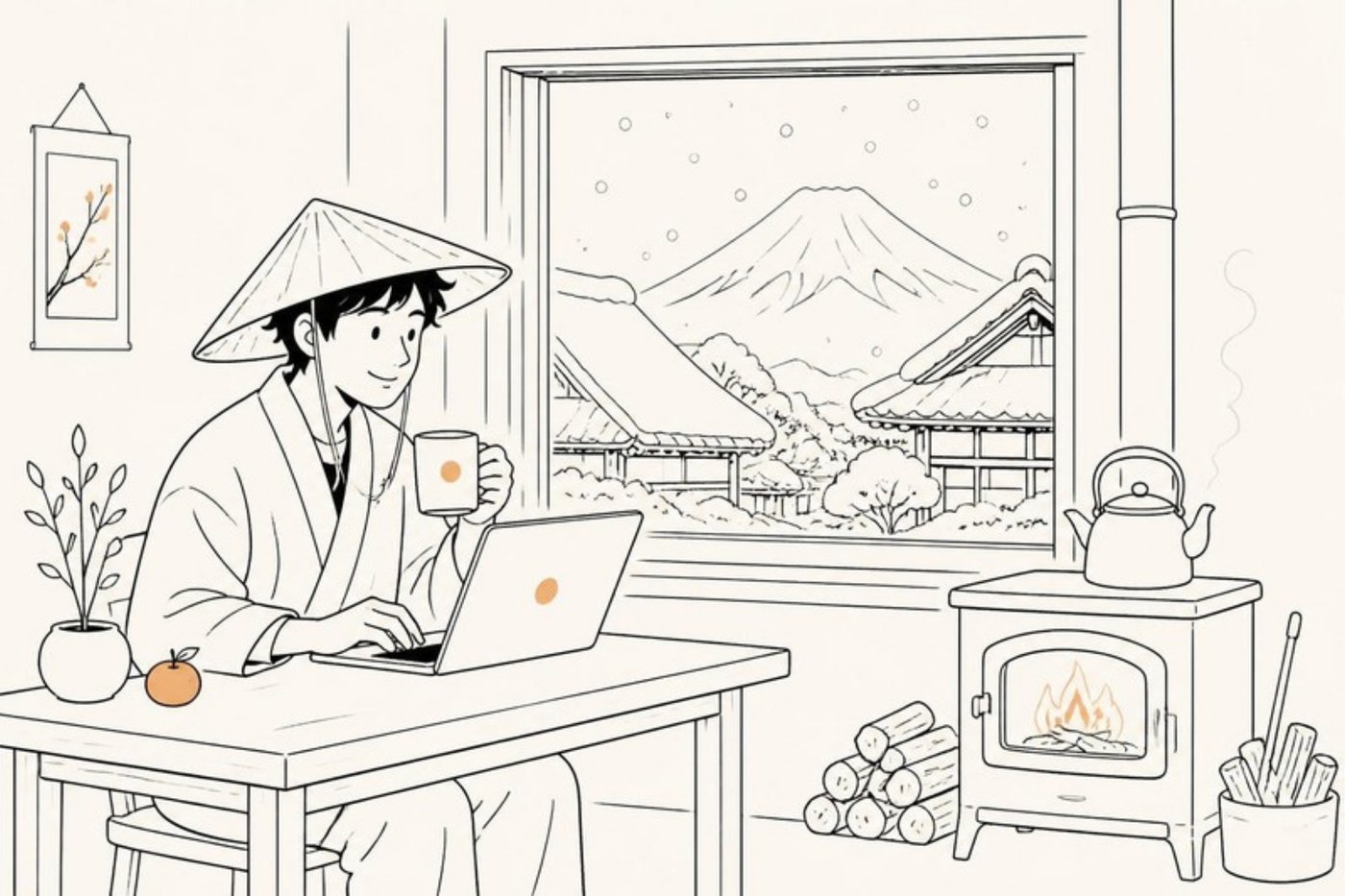 冬、薪ストーブのそばでパソコンに向かう（イラスト）